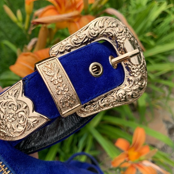 🍋 Jennifer Le blue suede & gold buckle heels 36 - Picture 6 of 13